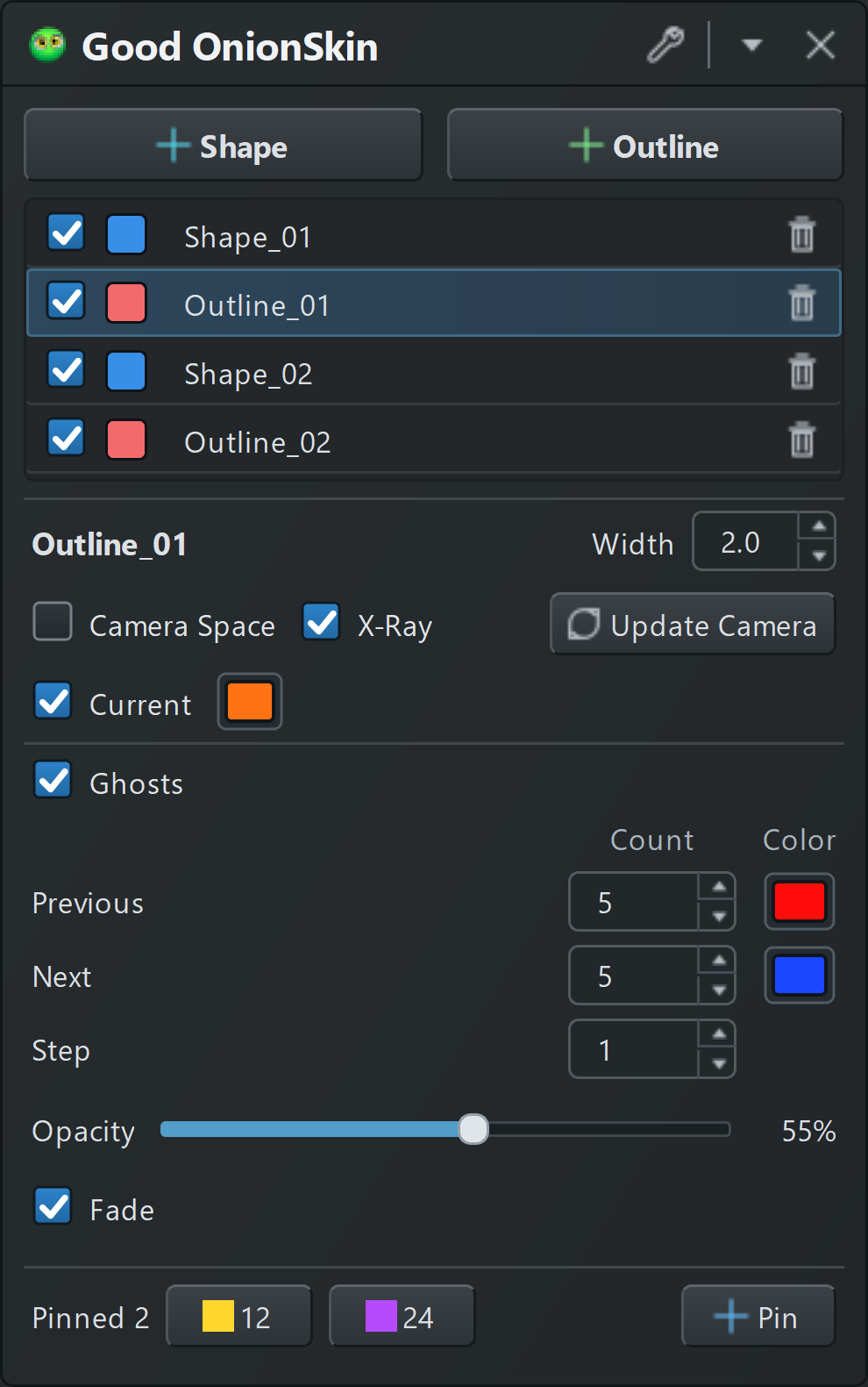Good OnionSkin controls for shapes, outlines, ghost frames, and opacity